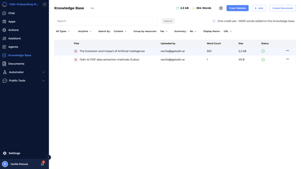 Odin AI Onboarding Project knowledge base interface showing uploaded documents and their details.